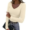 thumbnail image 1 of Womens Long Sleeve V Neck Ribbed Knit Fitted Casual Tops Tee Slim Basic Shirt Beige XXL, 1 of 4