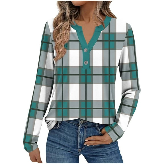 Womens Long Sleeve V Neck Shirts 2025 Fall Tunic Tops Plaid Print Blouses Dressy Casual Work Blouses