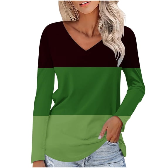 Womens Long Sleeve V Neck Shirts 2026 Trendy Color Block Loose Fit Tunic Blouses Lightweight Casual Dressy Blouse