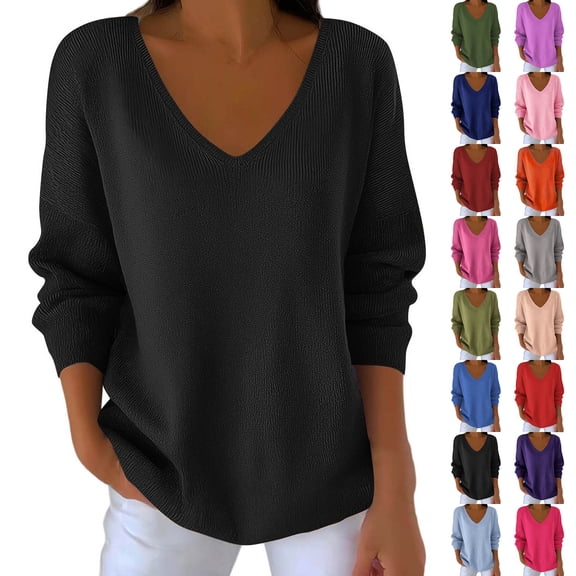 Womens Long Sleeve V Neck Shirts Casual Loose Lightweight Sweater Fall Fashion Pullover Tops Trendy Basic Shirt