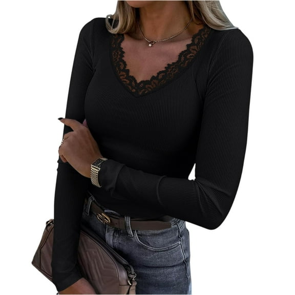 Womens Long Sleeve V Neck Shirts Fall Tops Casual Outfits Blouses Pullover Sweaters Tunic Fashion Clothes 2025 Black XL