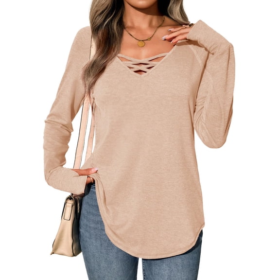 Womens Long Sleeve V Neck Shirts Loose Fit Casual Tunic Tops Curved Hem Criss Cross with Thumb Hole T Shirt