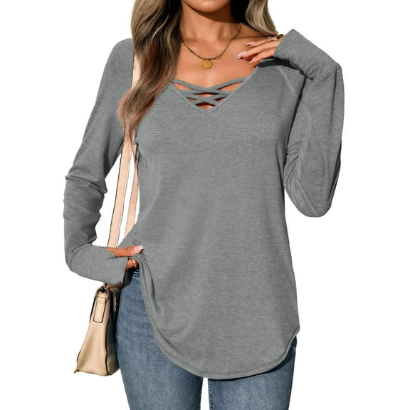 Womens Long Sleeve V Neck Shirts Loose Fit Casual Tunic Tops Curved Hem Criss Cross with Thumb Hole T Shirt
