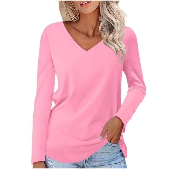 Womens Long Sleeve V Neck Soft T Shirts Plain Tunic Casual Loose Fit Tops Spring Basic Tees (3X-Large, Pink)