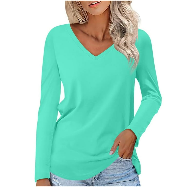 Womens Long Sleeve V Neck Soft T Shirts Plain Tunic Casual