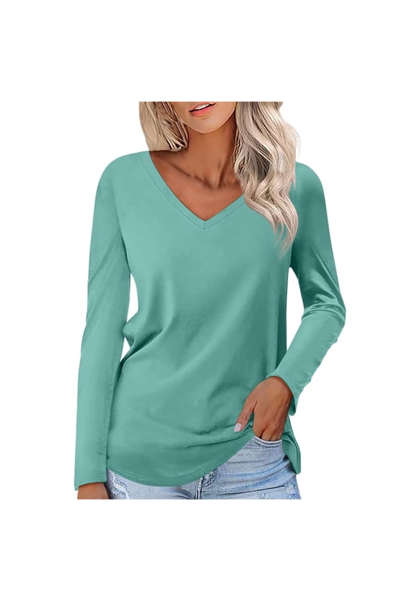 Womens Long Sleeve V Neck Soft T Shirts Plain Tunic Casual Loose Fit Tops Spring Basic Tees (Small, Light Blue)