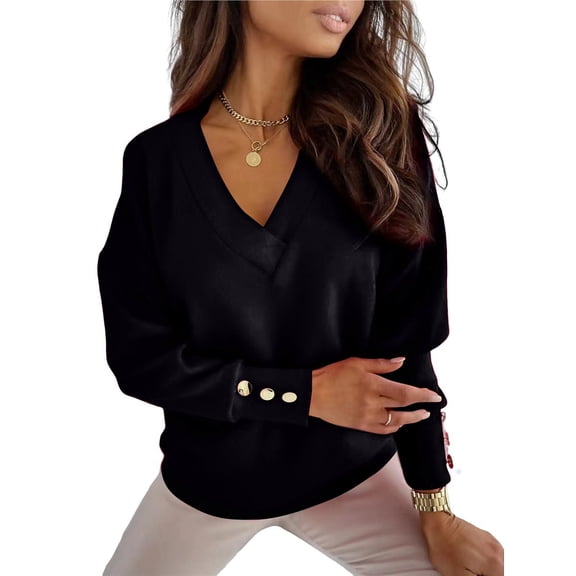 Womens Long Sleeve V Neck Sweater Casual Loose Chunky Knit Fall Sweater Pullover Shirts Top for Women