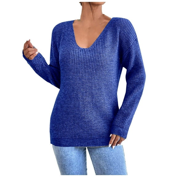 Womens Long Sleeve V Neck Sweater Top Kintted Casual Loose Lace Panel Open Back Pullover Knit Sweaters (M, Blue)