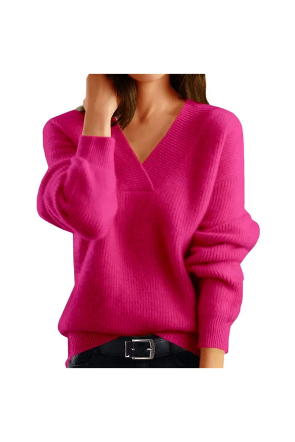 Womens Long Sleeve V Neck Sweaters 2025 Fall Casual Classic Soft Loose Fit Basic Pullover Jumper Top Winter Old Money Clothes Hot Pink L