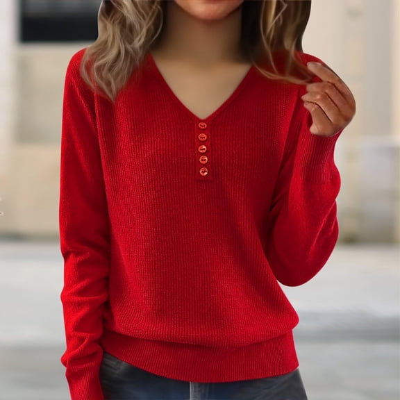 Womens Long Sleeve V Neck Sweaters Fall Casual Classic Soft Loose Fit Basic Pullover Jumper Top Red M