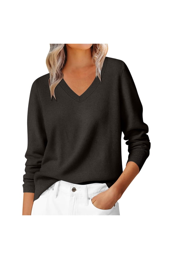 Womens Long Sleeve V-Neck Sweaters Fall Casual Classic Soft Loose Fit Basic Pullover Jumper Top