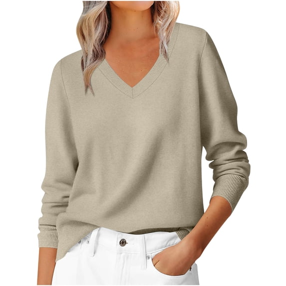 Womens Long Sleeve V-Neck Sweaters Fall Casual Classic Soft Loose Fit Basic Pullover Jumper Top
