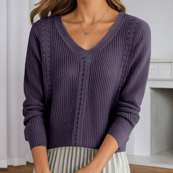 Womens Long Sleeve V Neck Sweaters Pullover Knit Loose Fit Women's Purple Sweater Warm Womens Christmas Clothes