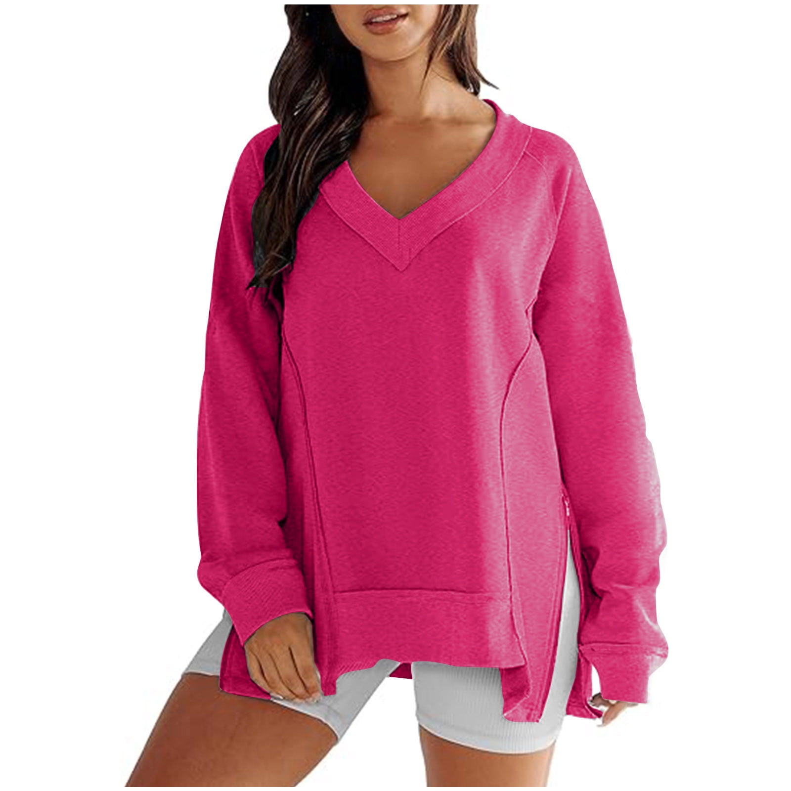 Womens Long Sleeve V Neck Sweatshirts with Side Zipper Slits Oversized Pullover Tops Vintage Casual Sports Jumper Medium Hot Pink Walmart