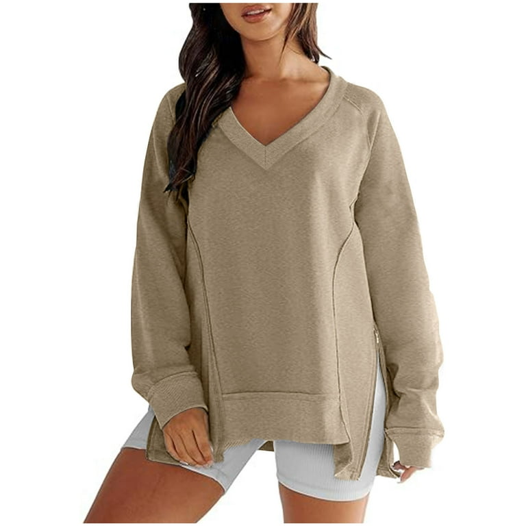 Womens Long Sleeve V Neck Sweatshirts with Side Zipper Slits Oversized Pullover Tops Vintage Casual Sports Jumper Medium Khaki