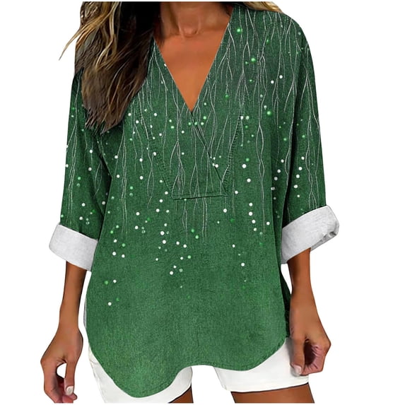 Womens Long Sleeve V Neck T-Shirts Graphic Printed Tunic Tops Casual Loose Fit Pullover Shirts Spring Summer Clothes (3XL, Green)