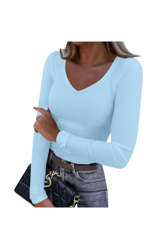 Womens Long Sleeve V Neck T-Shirts Ribbed Knit Casual Tee Tops Slim Fitted Basic Shirts