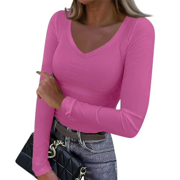 Womens Long Sleeve V Neck T-Shirts Ribbed Knit Casual Tee Tops Slim Fitted Basic Shirts