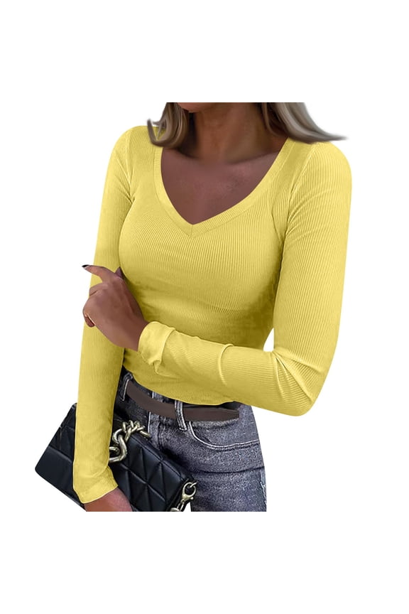 Womens Long Sleeve V Neck T-Shirts Ribbed Knit Casual Tee Tops Slim Fitted Basic Shirts