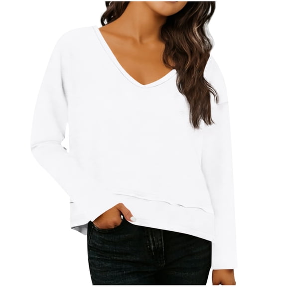Womens Long Sleeve V Neck T Shirts Solid Color Casual Flowy Shirt Spring Fall Fashion Loose Fit Basic Tees Tops