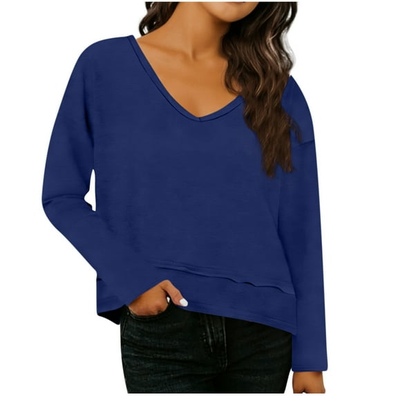 Womens Long Sleeve V Neck T Shirts Solid Color Casual Flowy Shirt Spring Fall Fashion Loose Fit Basic Tees Tops