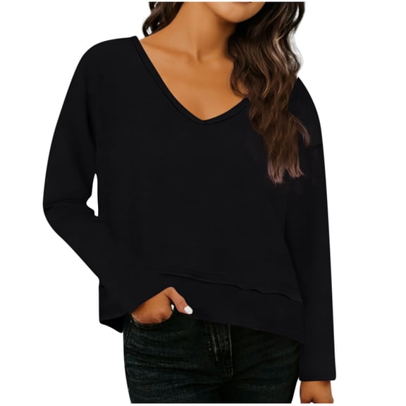 Womens Long Sleeve V Neck T Shirts Solid Color Casual Flowy Shirt Spring Fall Fashion Loose Fit Basic Tees Tops