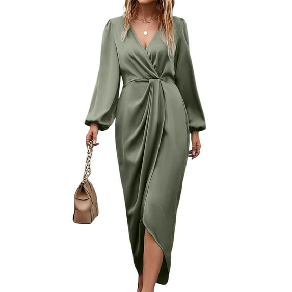 Womens Long Sleeve V-Neck Tie Waist Split Formal Cocktail Wedding Guest Dresses Bean Green S