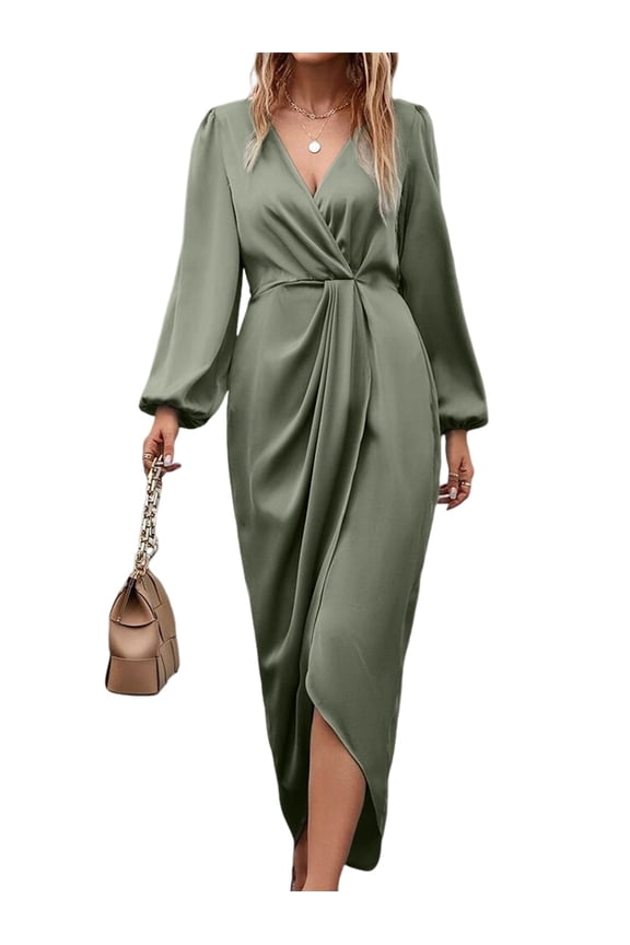 Womens Long Sleeve V-Neck Tie Waist Split Formal Cocktail Wedding Guest Dresses Bean Green XL
