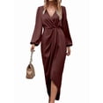 thumbnail image 1 of Womens Long Sleeve V-Neck Tie Waist Split Formal Cocktail Wedding Guest Dresses Wine Red XL, 1 of 8