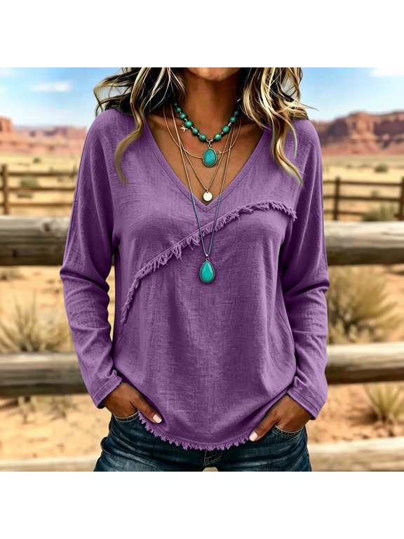 Womens Long Sleeve V Neck Tops Summer Solid Color Loose Fit Shirts Raw Edge Hem Fashion Casual Daily Blouse