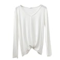 thumbnail image 1 of Womens Long Sleeve V Neck Tshirts Trendy Loose Fit Lightweight Tops Ladies Casual Fall Solid Going out Tees Undershirt White 0724*tshirts XL, 1 of 7