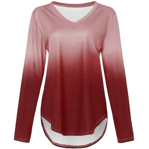 Womens Long Sleeve V-neck Button Casual Tops Blouse T Shirt Womens Long Sleeve V-Neck Gradient Colour Loose Casual Tee T-Shirt Tops Autumn And Winter Long Sleeve Top