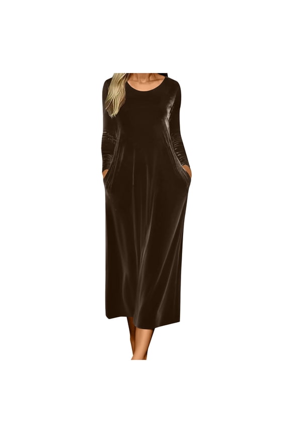 Womens Long Sleeve Velvet Maxi Dress Elegant Modest Crew Neck Wedding Guest Party Maxi Dress A-Line Solid Dresses