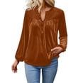thumbnail image 1 of Womens Long Sleeve Velvet Tops Dressy Long Sleeve Button C-Neck Shirts Pleated Flowy Casual Blouses Coffee S, 1 of 8