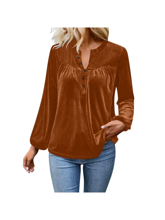 Womens Long Sleeve Velvet Tops Dressy Long Sleeve Button C-Neck Shirts Pleated Flowy Casual Blouses Coffee S