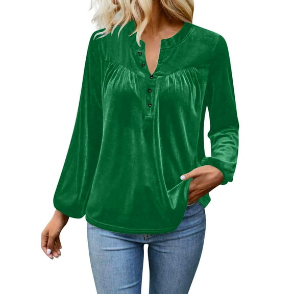 Womens Long Sleeve Velvet Tops Dressy Long Sleeve Button C-Neck Shirts Pleated Flowy Casual Blouses Green S