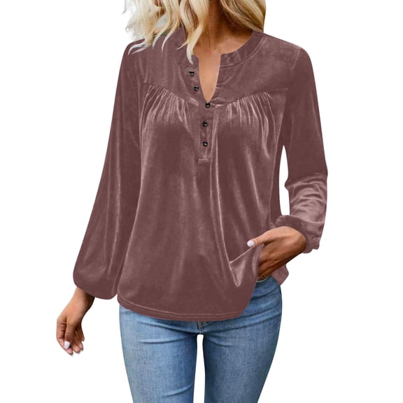 Womens Long Sleeve Velvet Tops Dressy Long Sleeve Button C-Neck Shirts Pleated Flowy Casual Blouses S