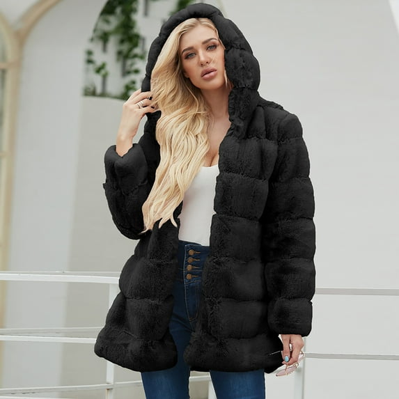 Womens Long Sleeve Winter Warm Lapel Fox Faux Fur Coat Jacket Overcoat Outwear with Pockets,Fall Open Front Cardigan Faux Fur Coat Parka Shaggy Jacket Black XXXL