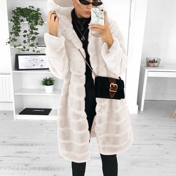 Womens Long Sleeve Winter Warm Lapel Fox Faux Fur Coat Jacket Overcoat Outwear with Pockets,Fall Open Front Cardigan Faux Fur Coat Parka Shaggy Jacket Beige XL