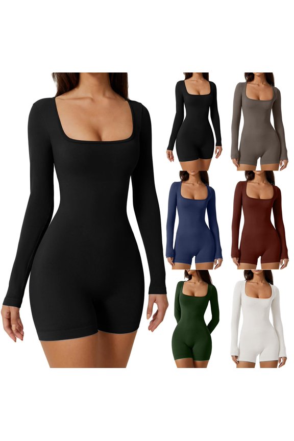 Womens Long Sleeve Workout Jumpsuit Square Neck Ribbed Seamless Yoga Romper Unitard Onesie Gray L