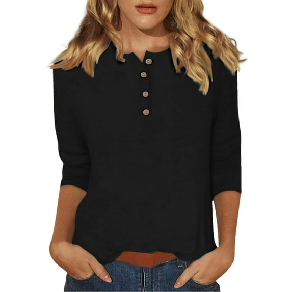 Womens Long Sleeve Workout Tops Shirts Casual Short Sleeve Button Down Solid Color Crewneck Breathable Fall Clothes for Women Tees Blouses Black L