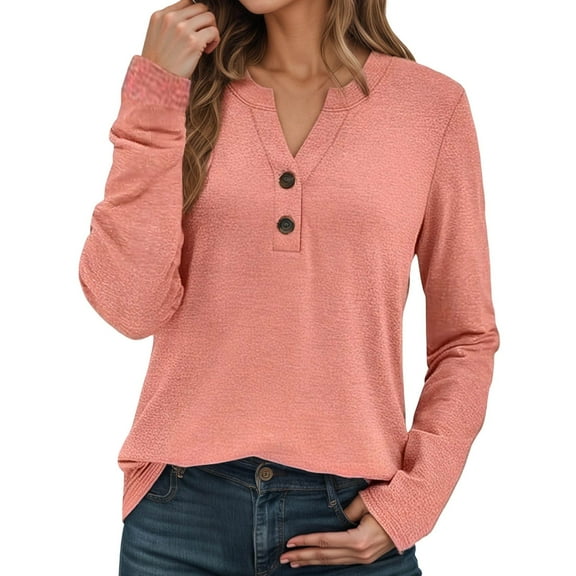 Womens Long Sleeve Workout Tops Shirts V Neck Button Down Casual Winter Fall Clothes for Women Tees Blouses Pink L