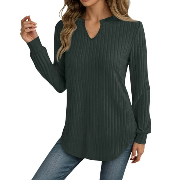 Womens Long Sleeve Workout Tops Shirts V Neck Soft Brushed Striped Casual Stretch Fit Basic Fall Clothes for Women Tees Blouses Green L