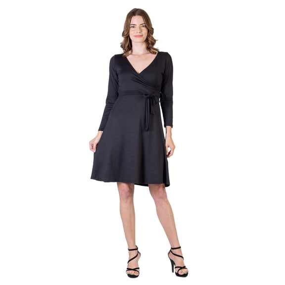 Womens V Neck Faux Wrap Belted Dress