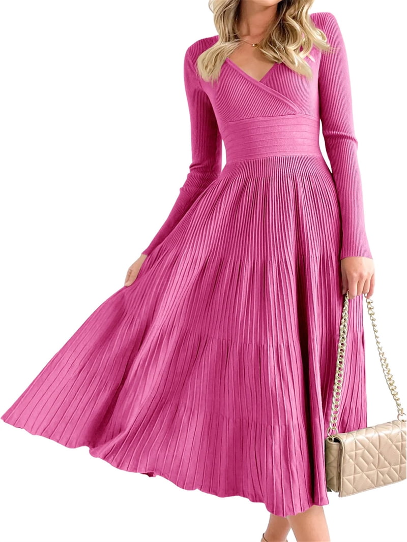 a line maxi sweater dress Womens Long Sleeve Wrap V Neck Midi Dress: Pleated A-Line Flared Knit stitch sweater dress with 2021 Wrap Dress Flat Sketch SIZE:XXS / US 0