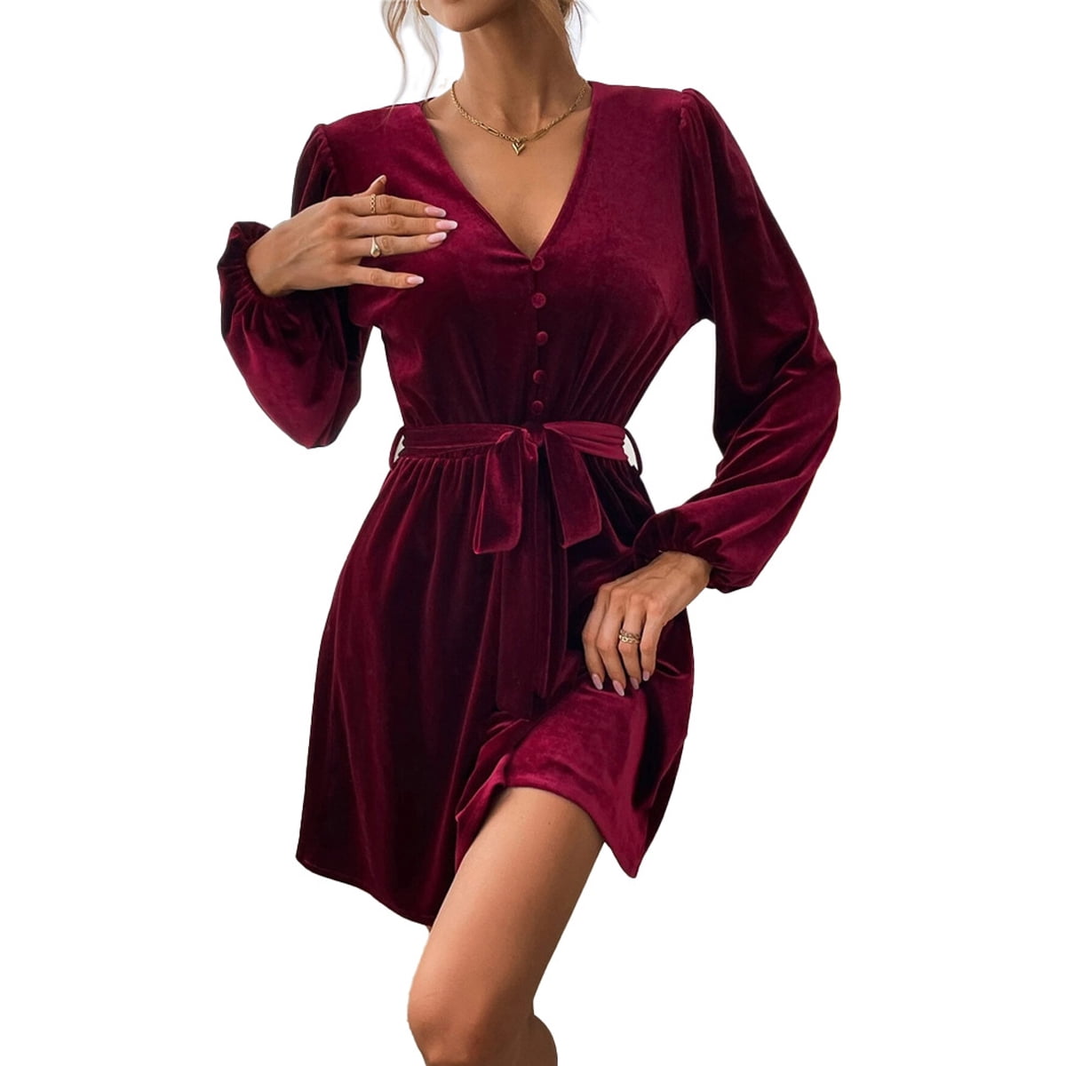 Womens Long Sleeve Wrap Velvet Mini Dress Sexy V Neck Cocktail Party Club Dress Swing Fit and