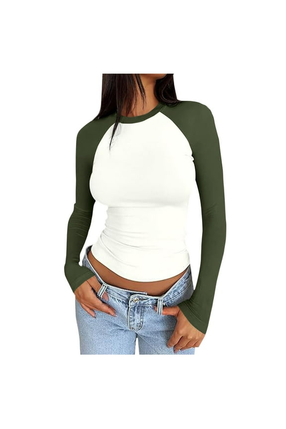 Womens Long Sleeve Y2k Tops Round Neck Slim Fit Raglan Tshirts Colorblock Casual Base Tee Fall Spring Crop T-shirts (M, Green)