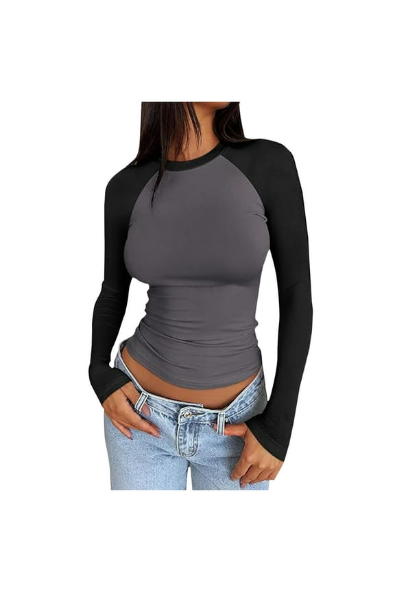 Womens Long Sleeve Y2k Tops Round Neck Slim Fit Raglan Tshirts Colorblock Casual Base Tee Fall Spring Crop T-shirts (XS, Gray)