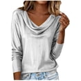 thumbnail image 1 of Womens Long Sleeve Yops Cowl Neck Long Sleeve Draped Shinny Ruched Lightweight Blouse Tops Summer Tops, 1 of 6