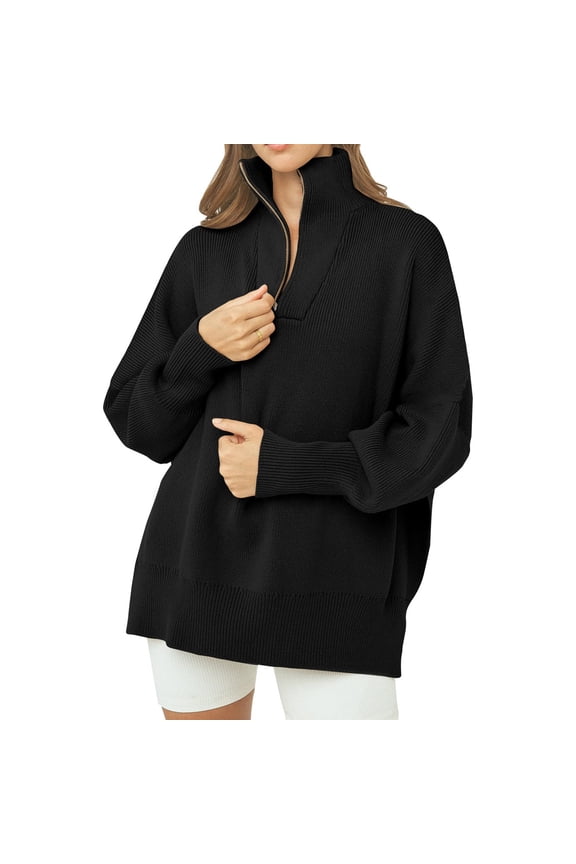 Women Long Sleeve Zip Pullover Oversized Slouchy Ribbed Knit Sweatshirt Tunic Sweater with Slit